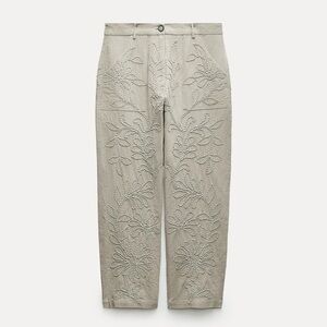 Zara |Floral Chinos ZW Collection Embroidered Trousers In Olive Green Size Small